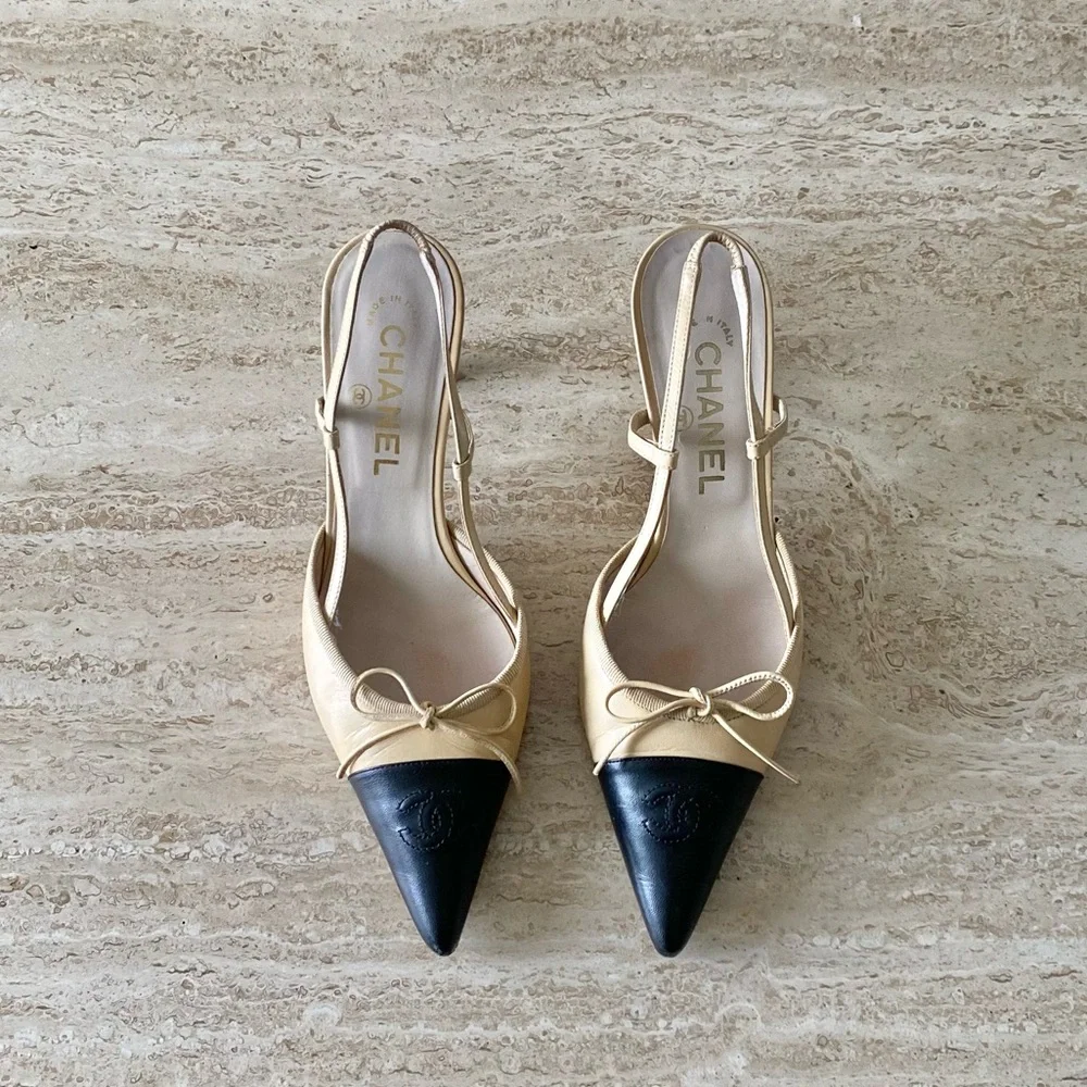 Vintage Chanel CC Bow Cap Toe Slingback Heels - Picture 3 of 10